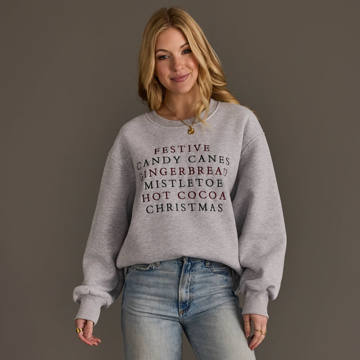 Gray Christmas List Embroidered Sweatshirt