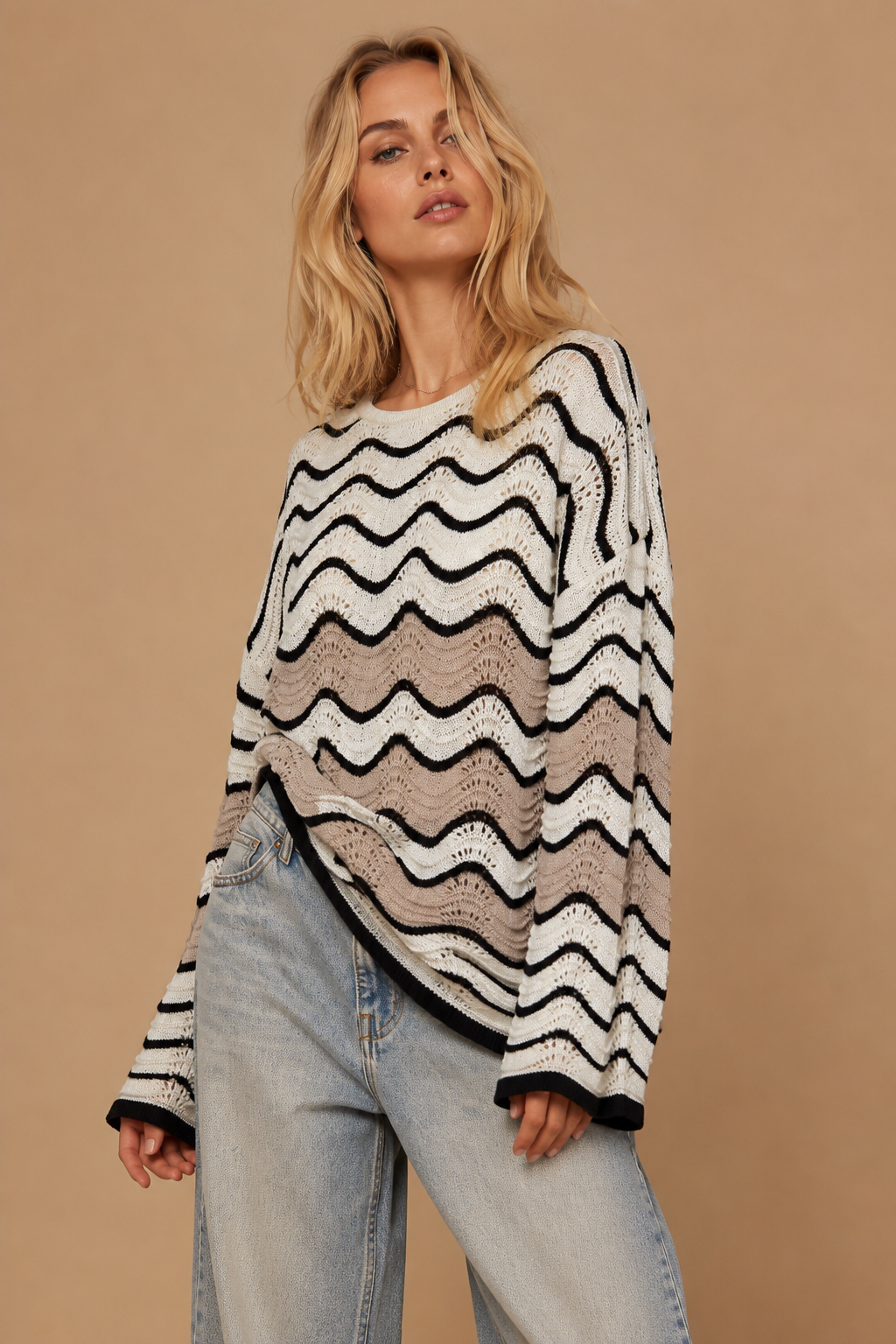 Wave Pattern Pointelle Knit Sweater