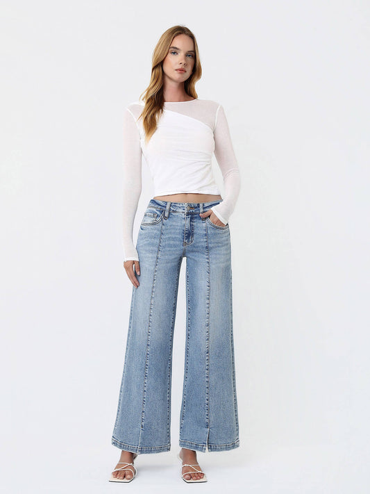 MID RISE SEAM DETAIL W FRONT SLIT HEM WIDE JEANS T7225