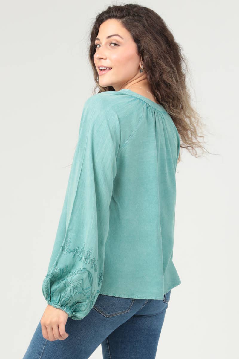 N2500-RY23 V NECK EMBROIDERED LONG SLEEVE BLOUSE