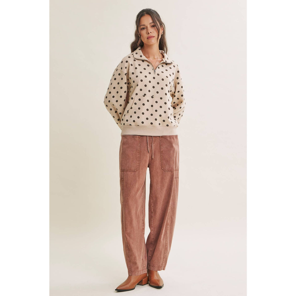 COFFE RUN PLAYFUL POLKA DOT HALF-ZIP FRENCH TERRY PULLOVER