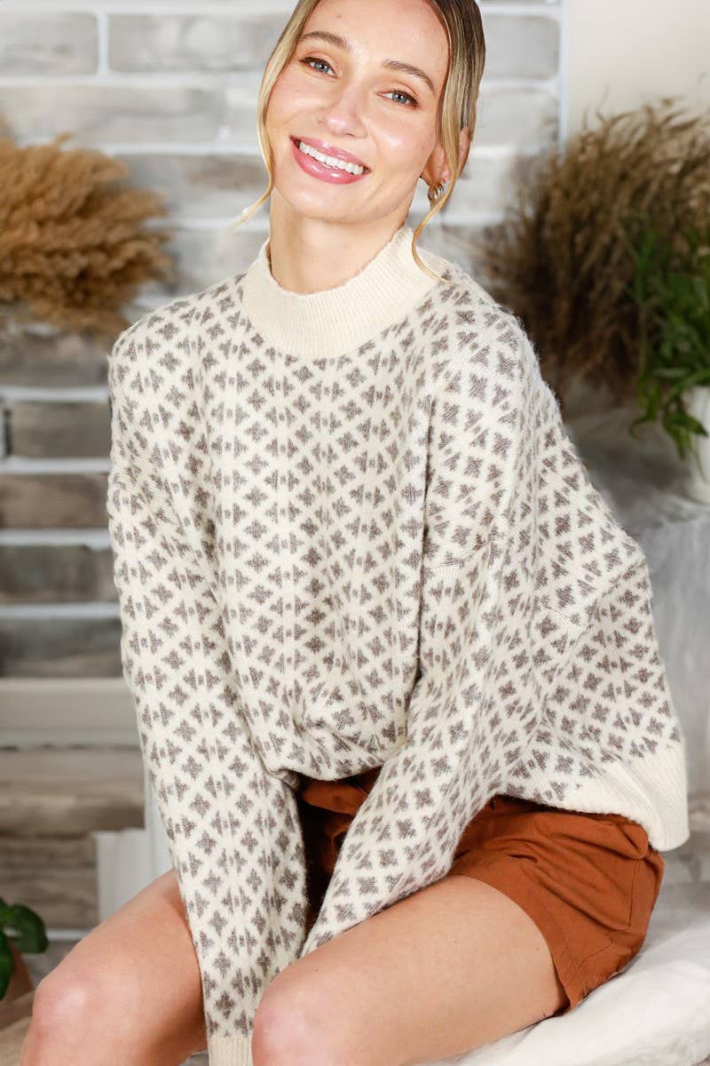 Geometric Pattern Mock Neck Knitted Sweater Top VT81923