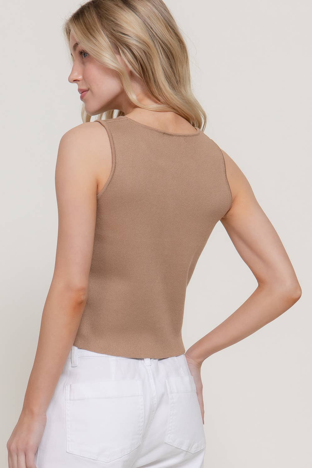 Sleeveless Crew Neck Button Down Sweater Top
