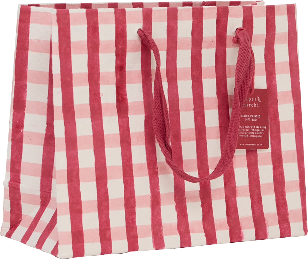 HANDMADE MEDIUM GIFTBAG  PINK XMAS GINGHAM PAPER MIRCHI