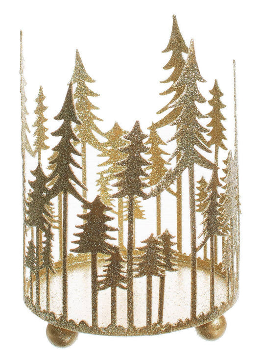 A41274: Gld glit metal fir tree silhouete votive hldr,4.75in