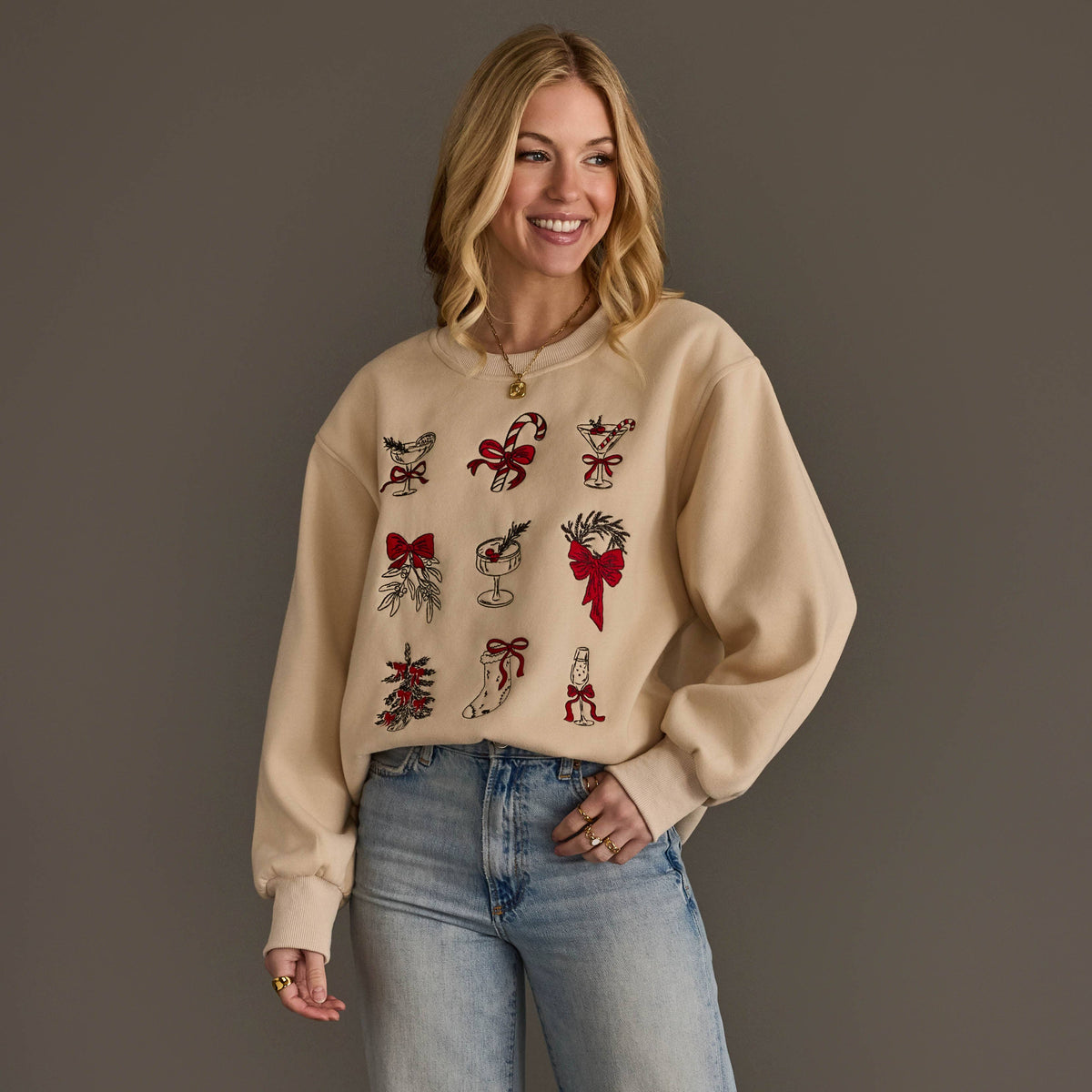 Beige Christmas Graphics Embroidered Sweatshirt