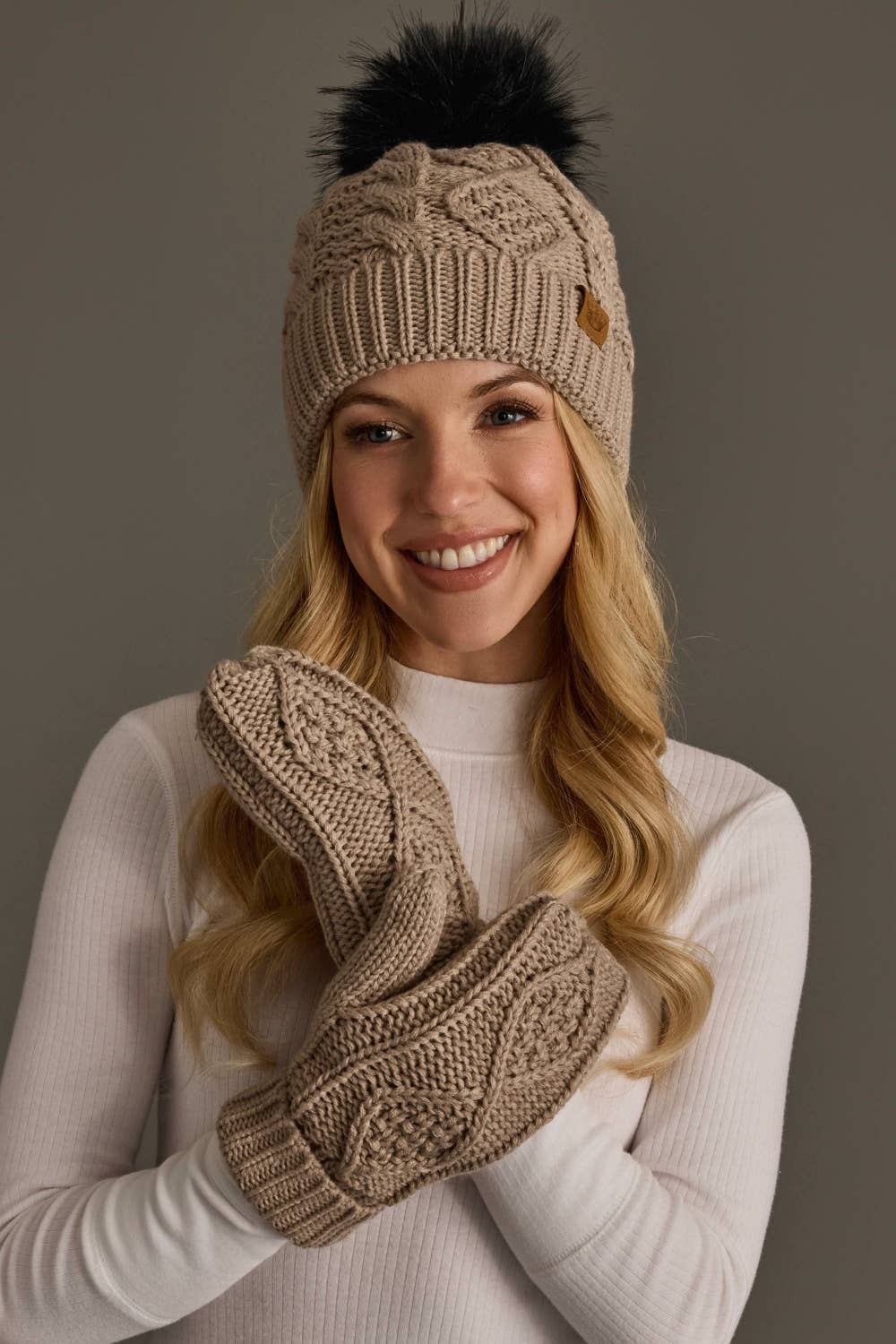 Warm Taupe Cable Knit Pom Hat