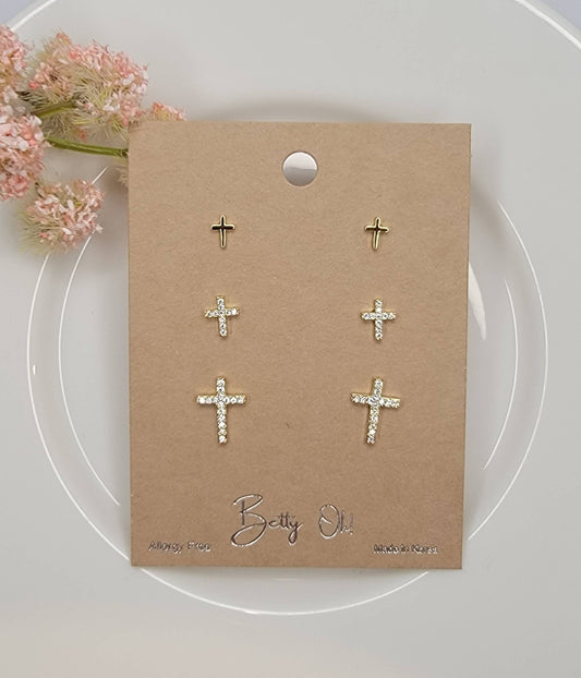 MINI CROSS THREE PAIR SET POST EARRINGS.