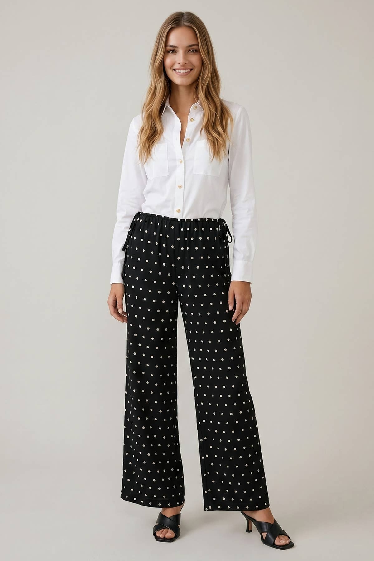 POLKA DOT SIDE CUT OUT ELASTIC PANTS - 8972P