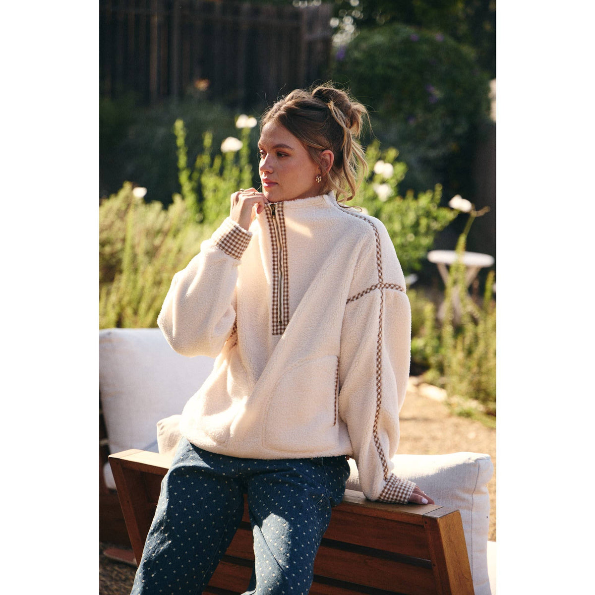 COZY CABIN GINGHAM TRIM SHERPA FLEECE HALF-ZIP PULLOVER