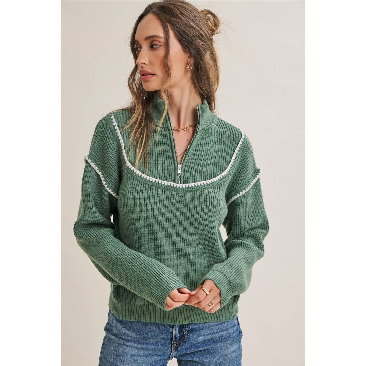 CABIN AIR CONTRAST WHIPSTITCH EMBROIDERY HALF ZIP SWEATER