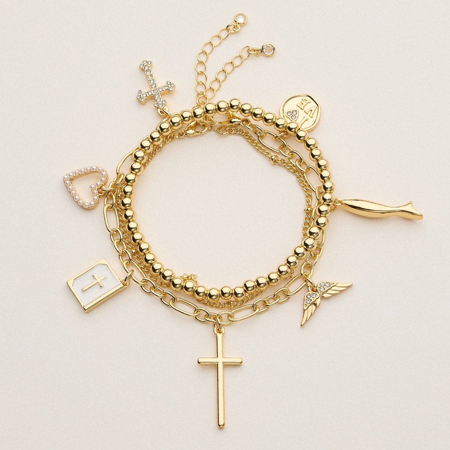 Faith Charm Bracelet Stack with Cross and Heart
