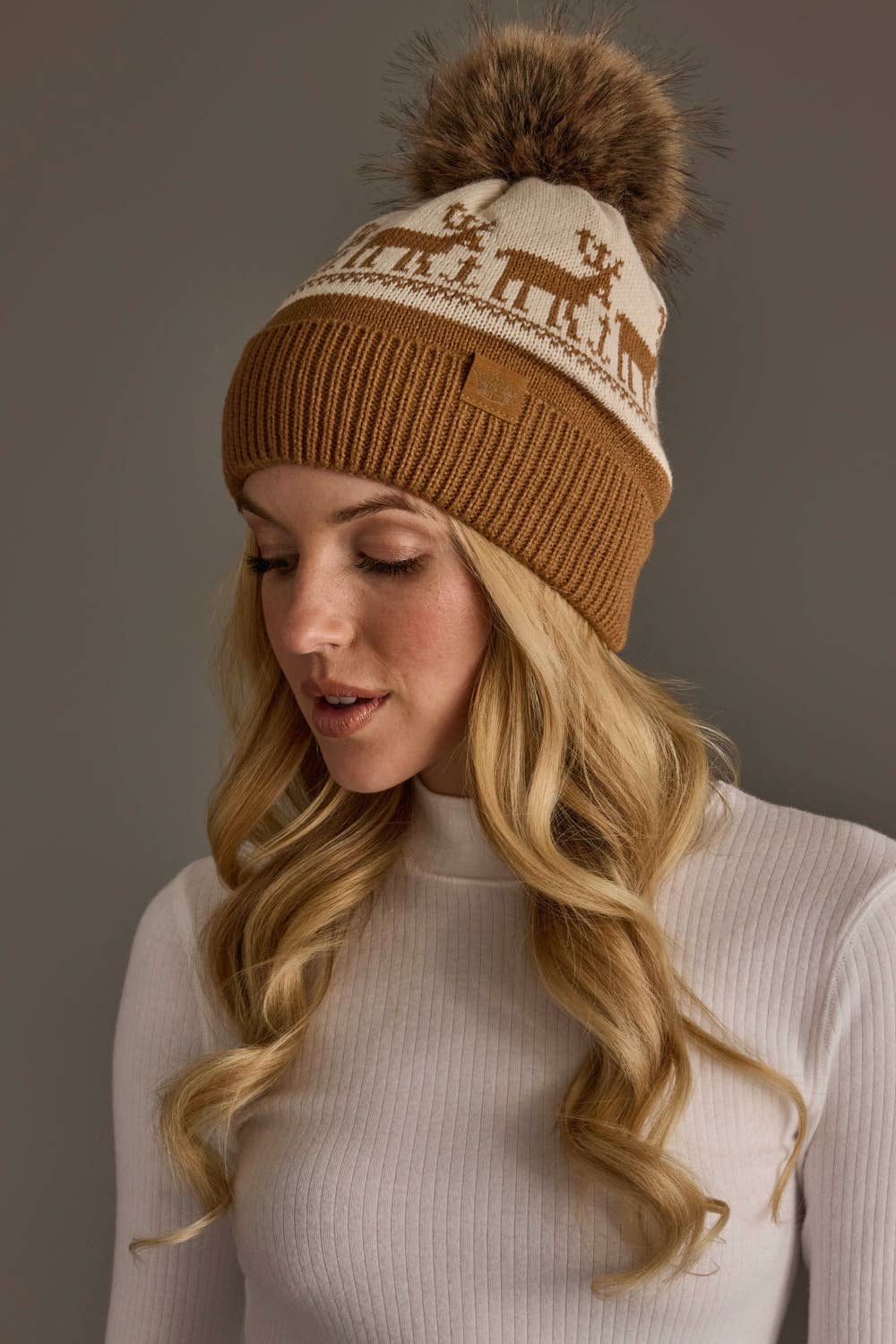 Camel & Beige Deer Patterned Pom Hat