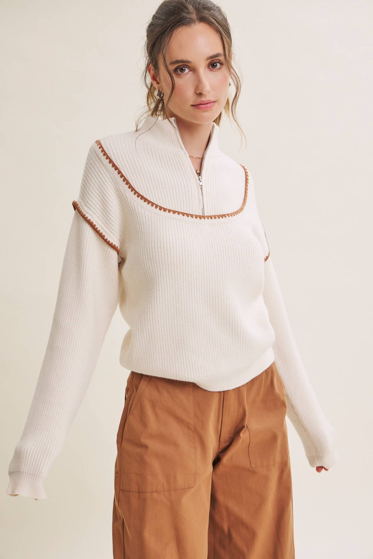 CABIN AIR CONTRAST WHIPSTITCH EMBROIDERY HALF ZIP SWEATER