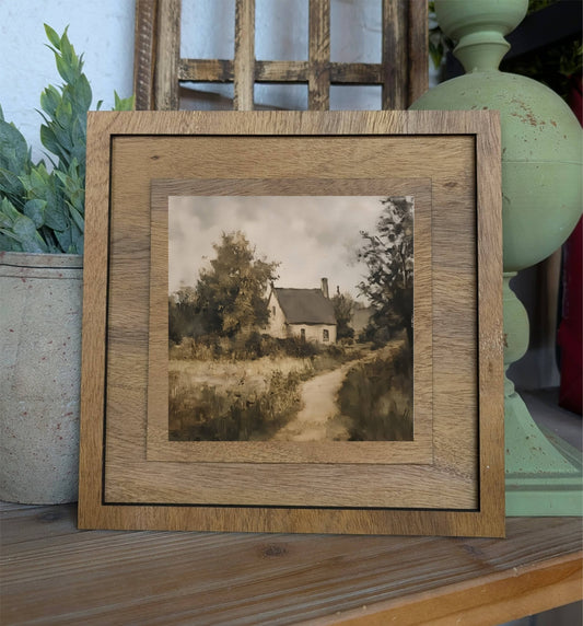 Square Framed Cottage Landscape Canvas Art