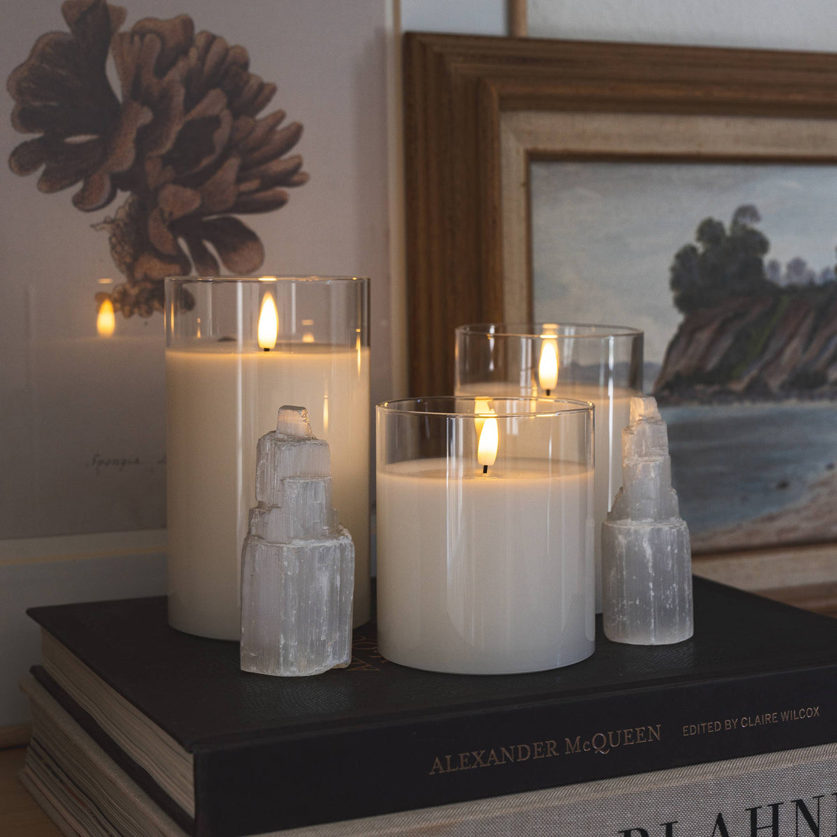 Flameless LED Hurricane Glass Candles - White and Amber