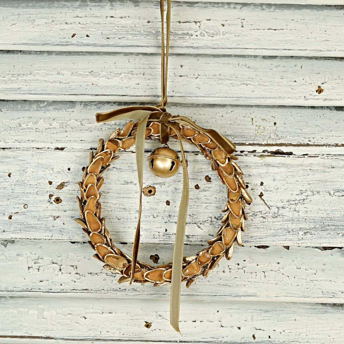 571037- 4.5inD Nut Shell Ring with Gold Bell and Brown ribbo