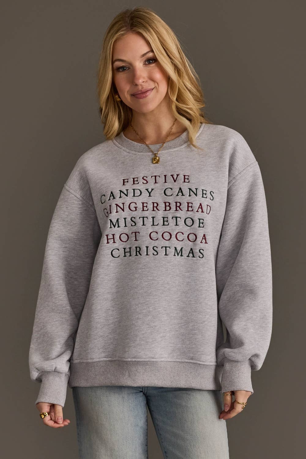 Gray Christmas List Embroidered Sweatshirt