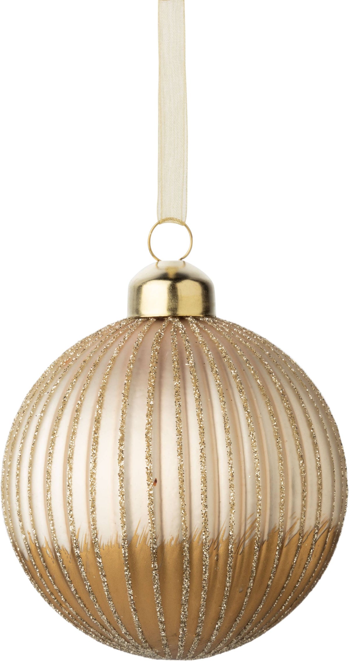 G74217:Fluted glass ball orn,pale matte gold w/ gold foil