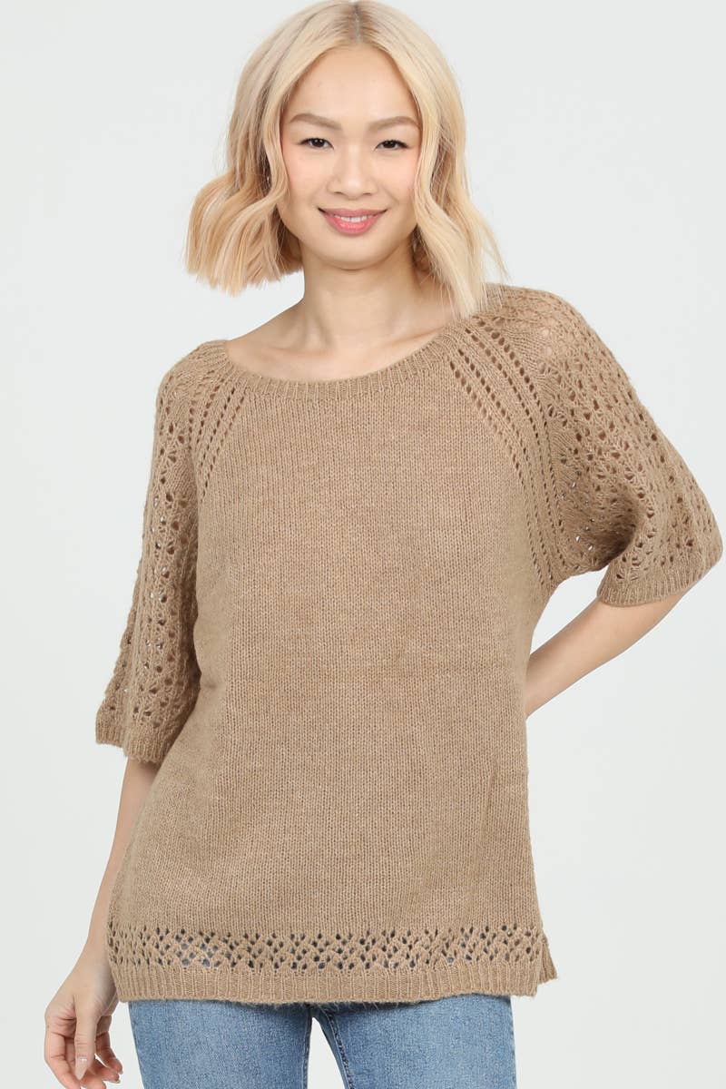 NHS73-ASIS OPEN KNIT SHORT SLEEVE PULLOVER SWEATER