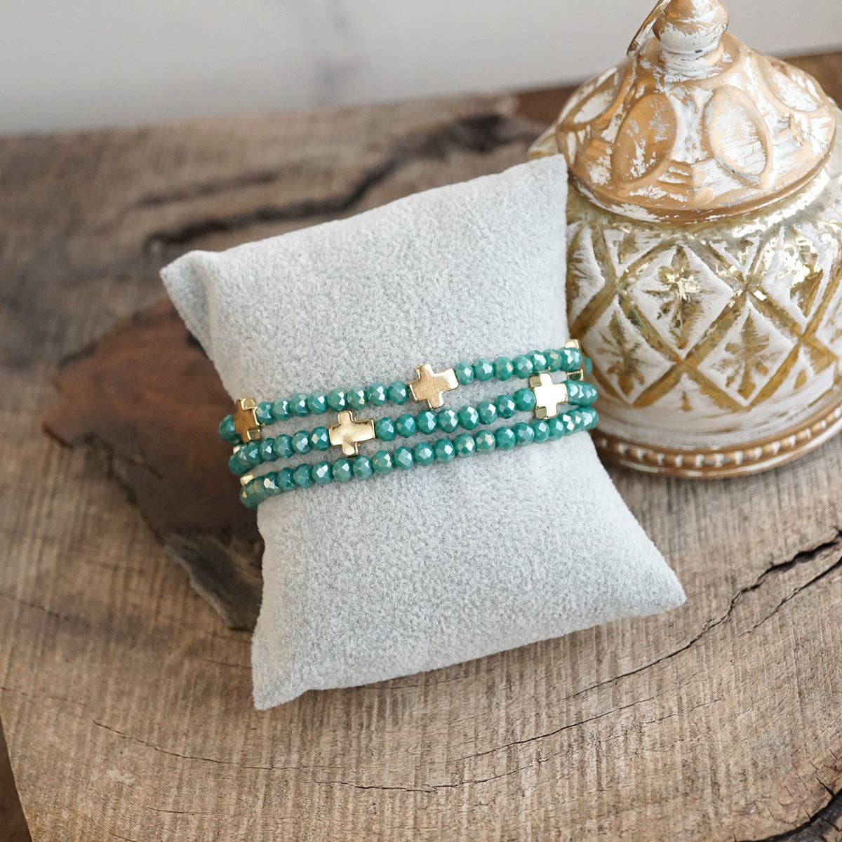 Glass & Gold Cross Bracelet Stack