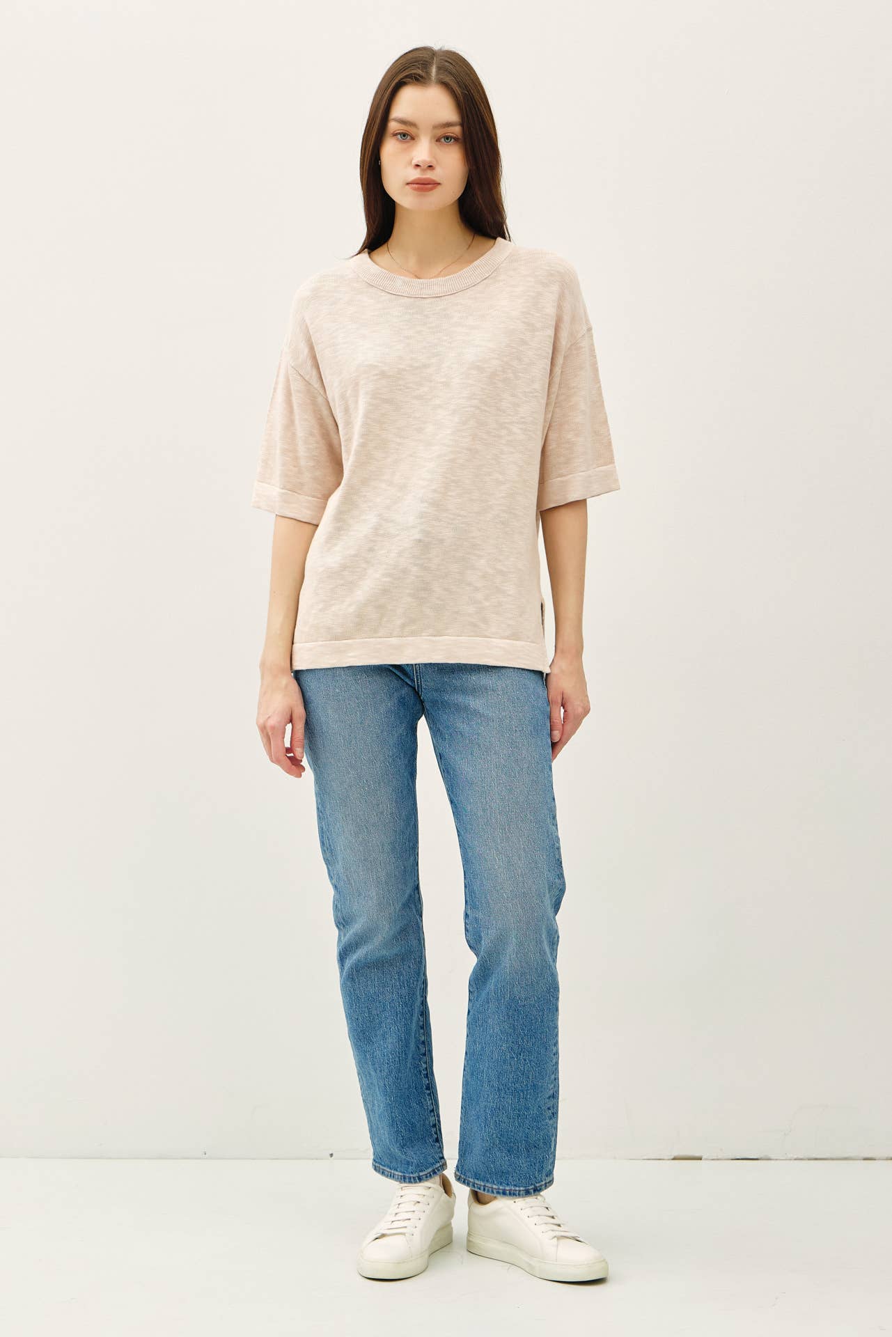SHORT SLEEVE COTTON SLUB SWEATER TOP
