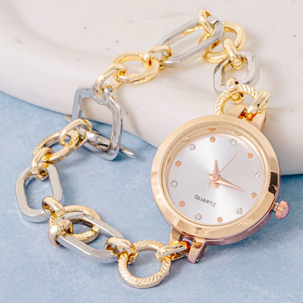 Two Tone Toggle Chain Round Bracelet Watch