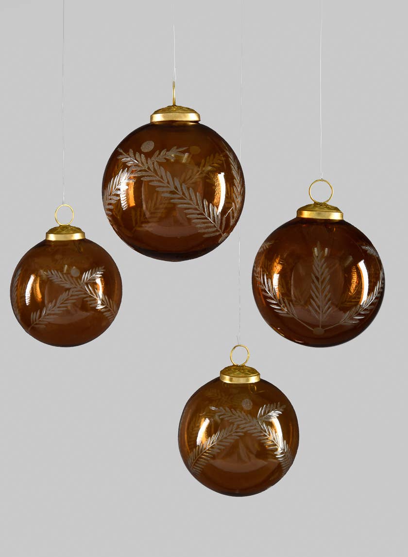 4in Round Almira Palm Amber Luster Glass Ornament, Set of 4