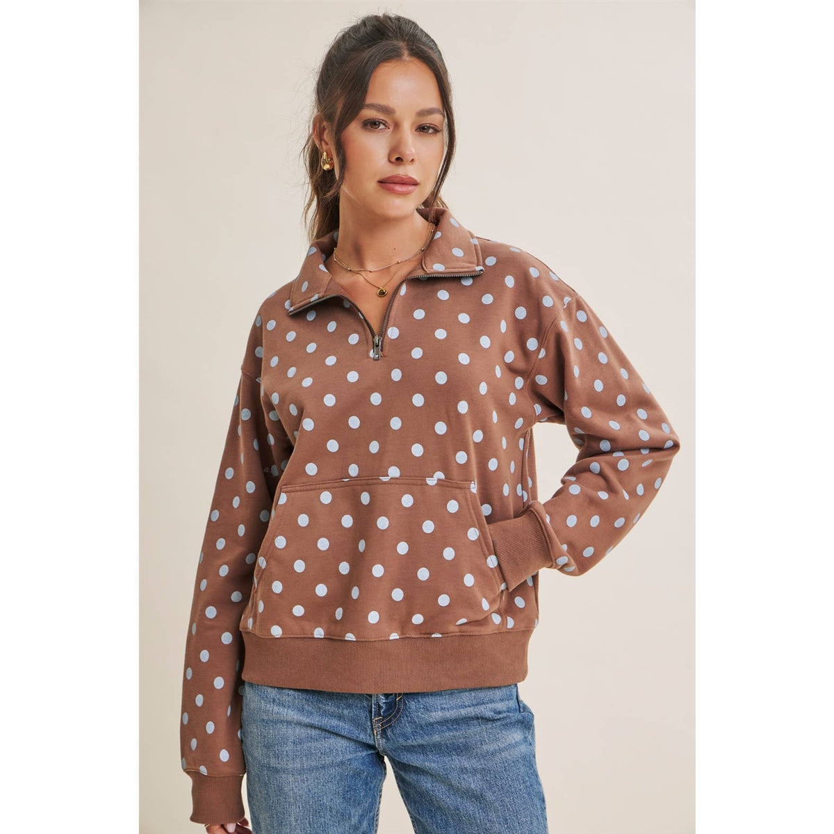 COFFE RUN PLAYFUL POLKA DOT HALF-ZIP FRENCH TERRY PULLOVER