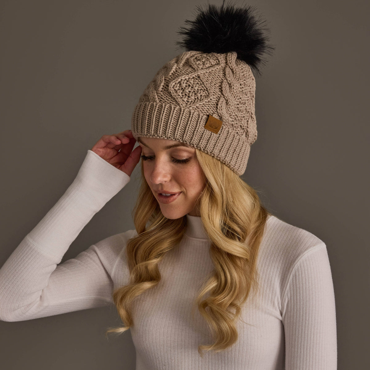 Warm Taupe Cable Knit Pom Hat