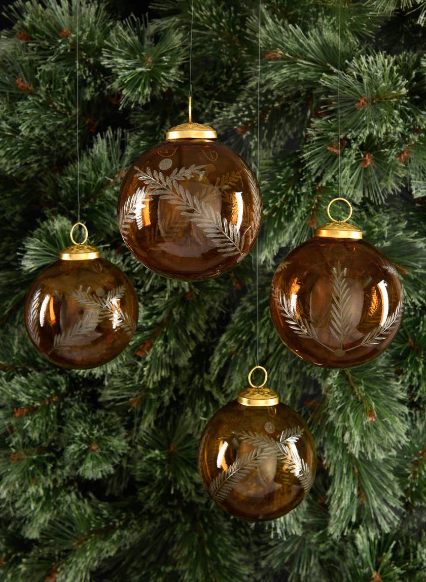 4in Round Almira Palm Amber Luster Glass Ornament, Set of 4