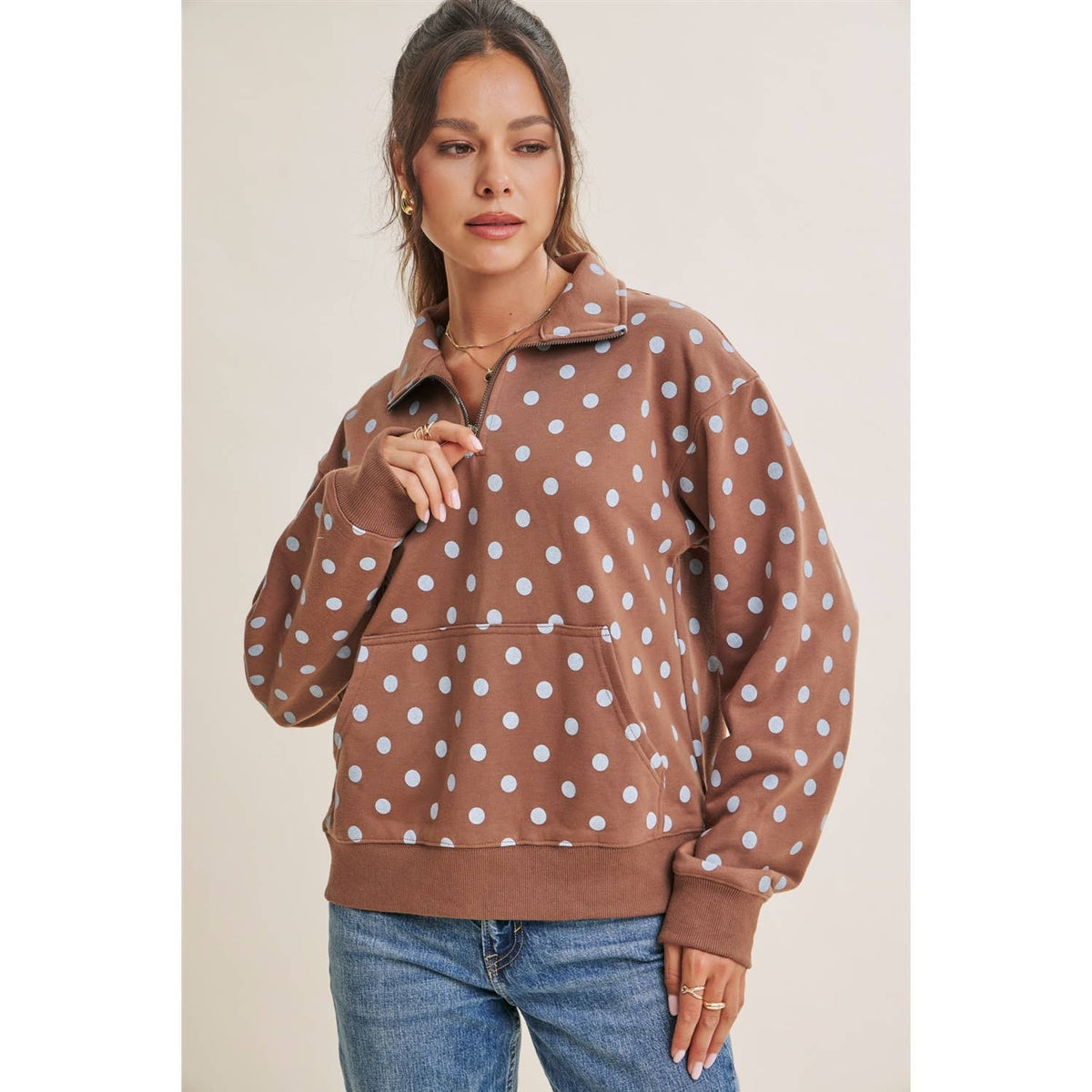 COFFE RUN PLAYFUL POLKA DOT HALF-ZIP FRENCH TERRY PULLOVER