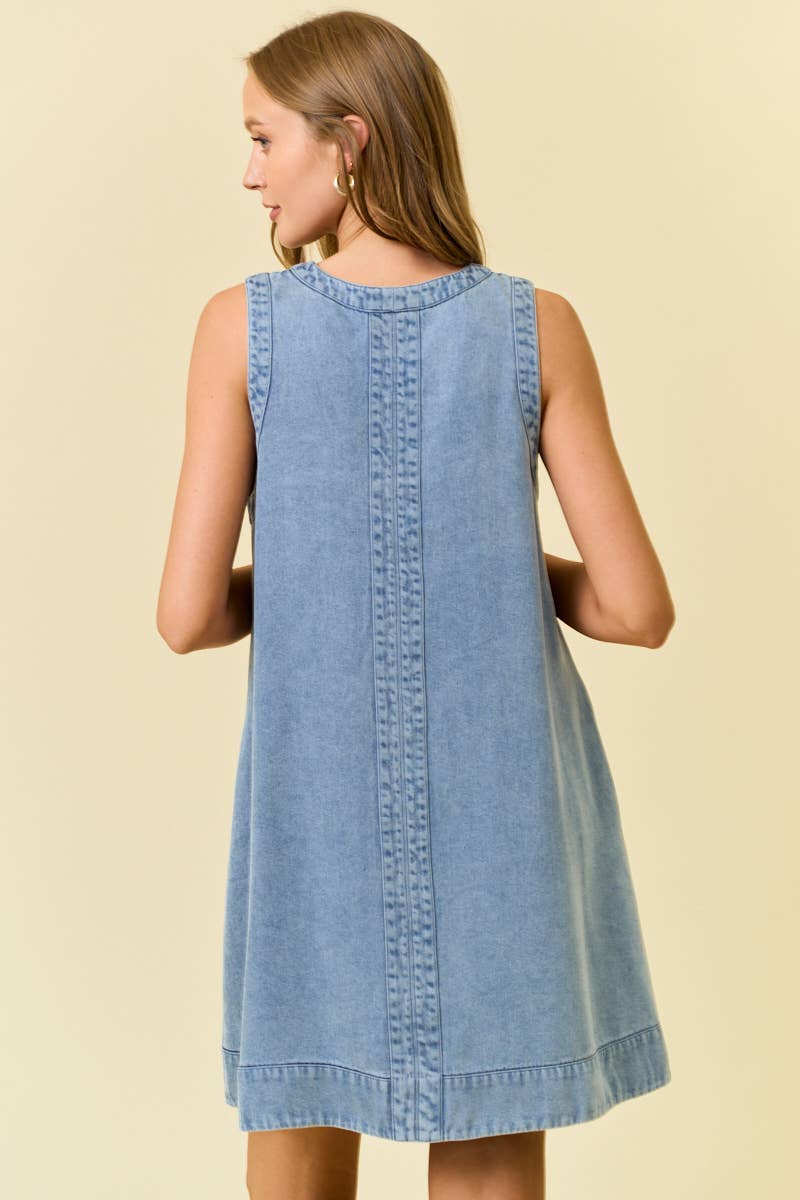 DENIM V-NECK SLEEVELESS A-LINE DRESS - 28288D