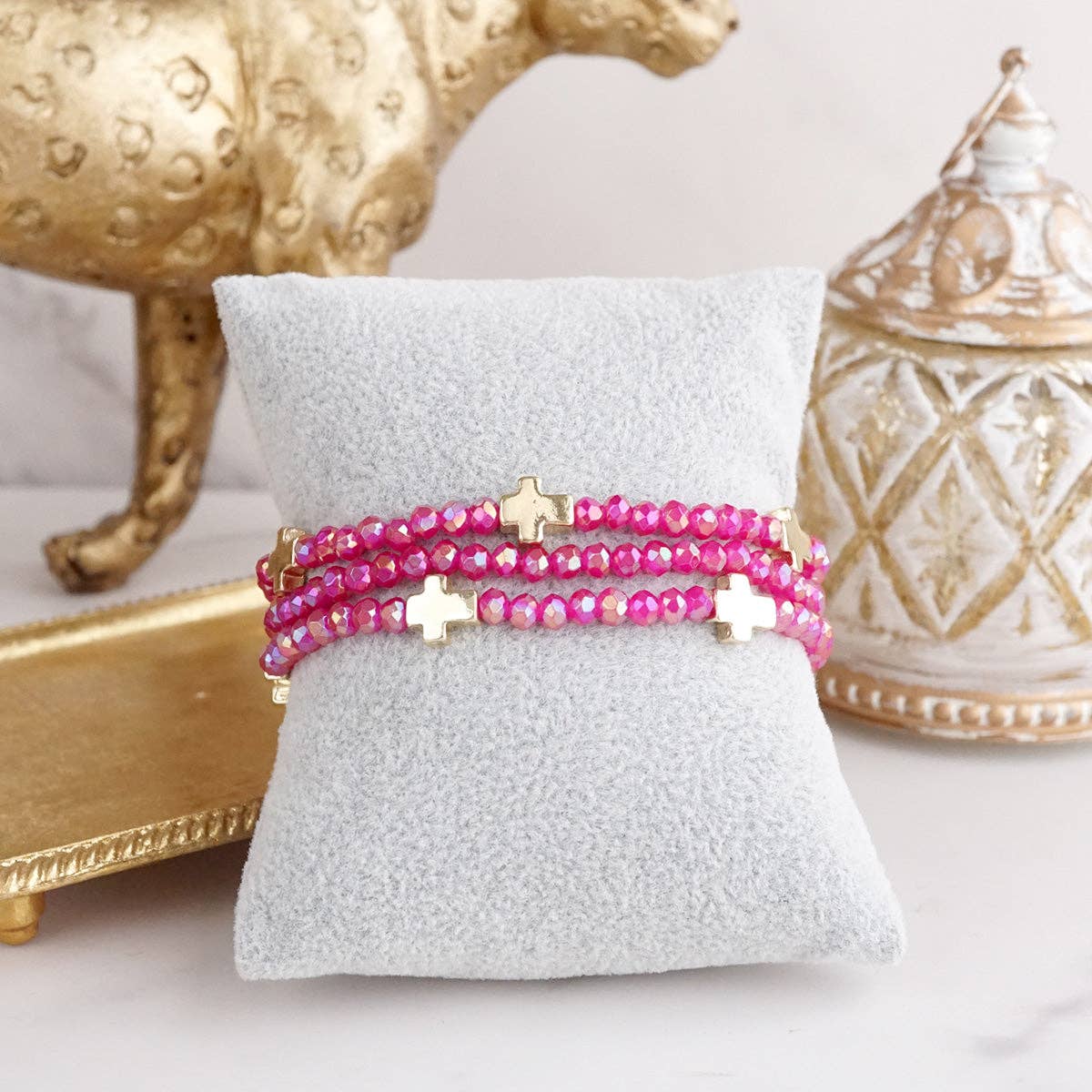 Glass & Gold Cross Bracelet Stack