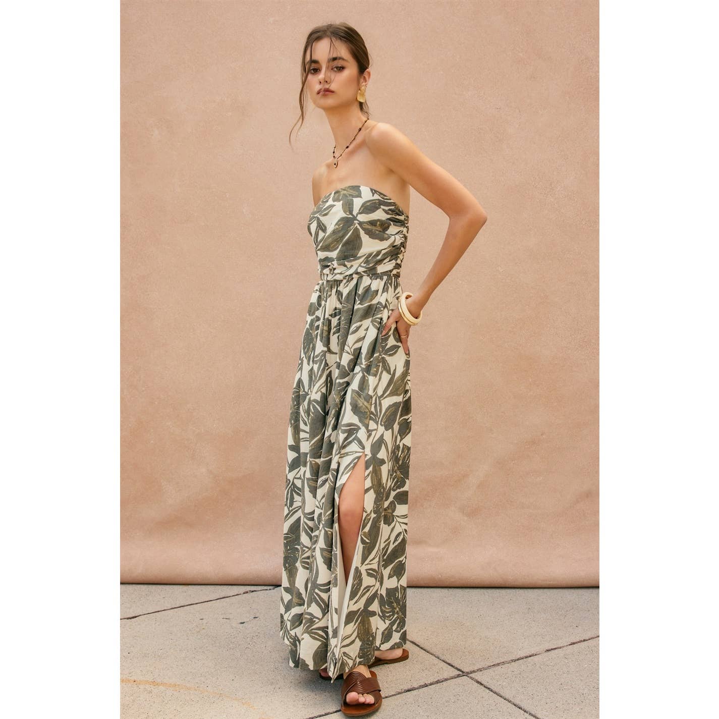 Swaying Palms Strapless Ruched Maxi Dress