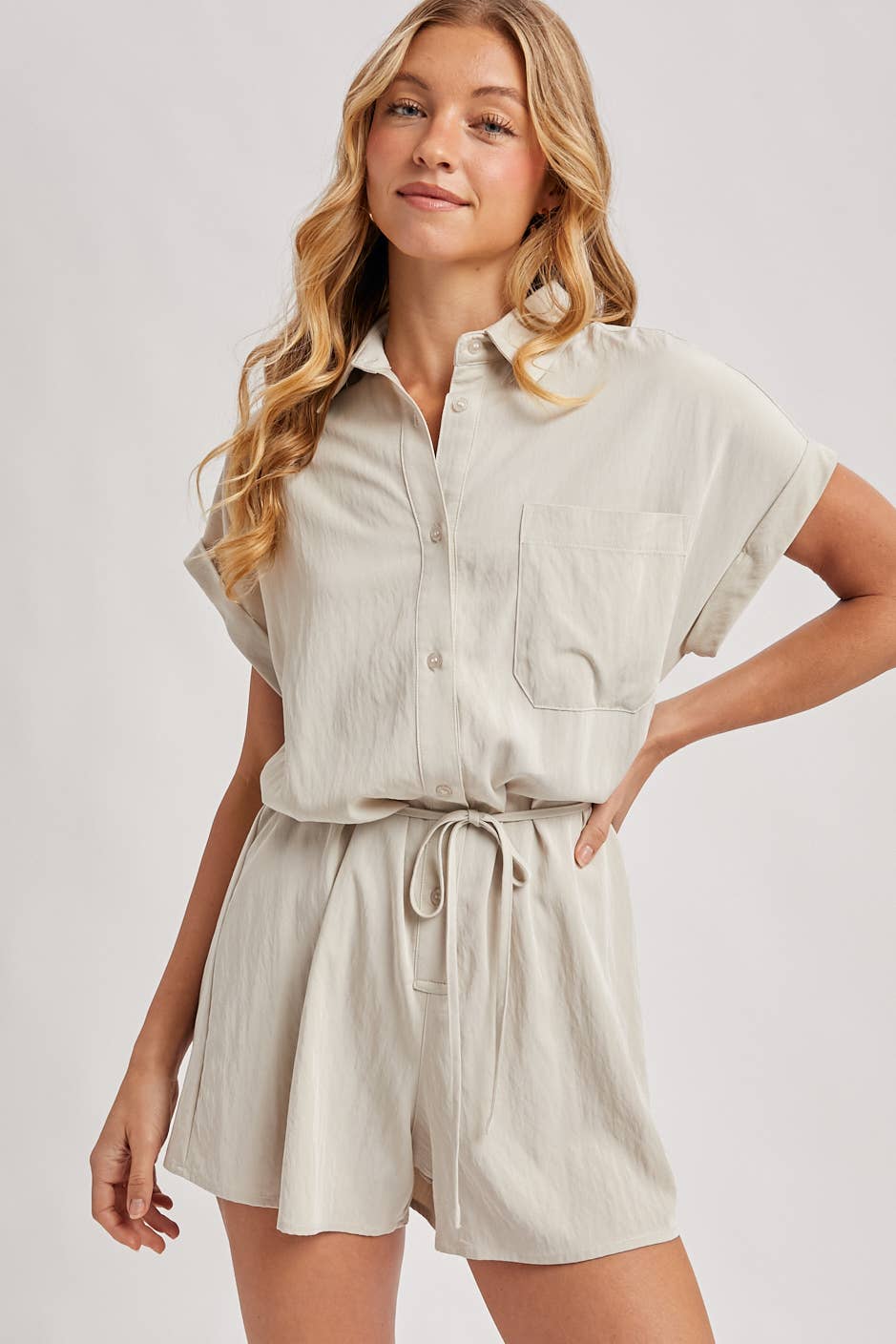 UTILITY FLOWY SHORT SLEEVE BELTED ROMPER