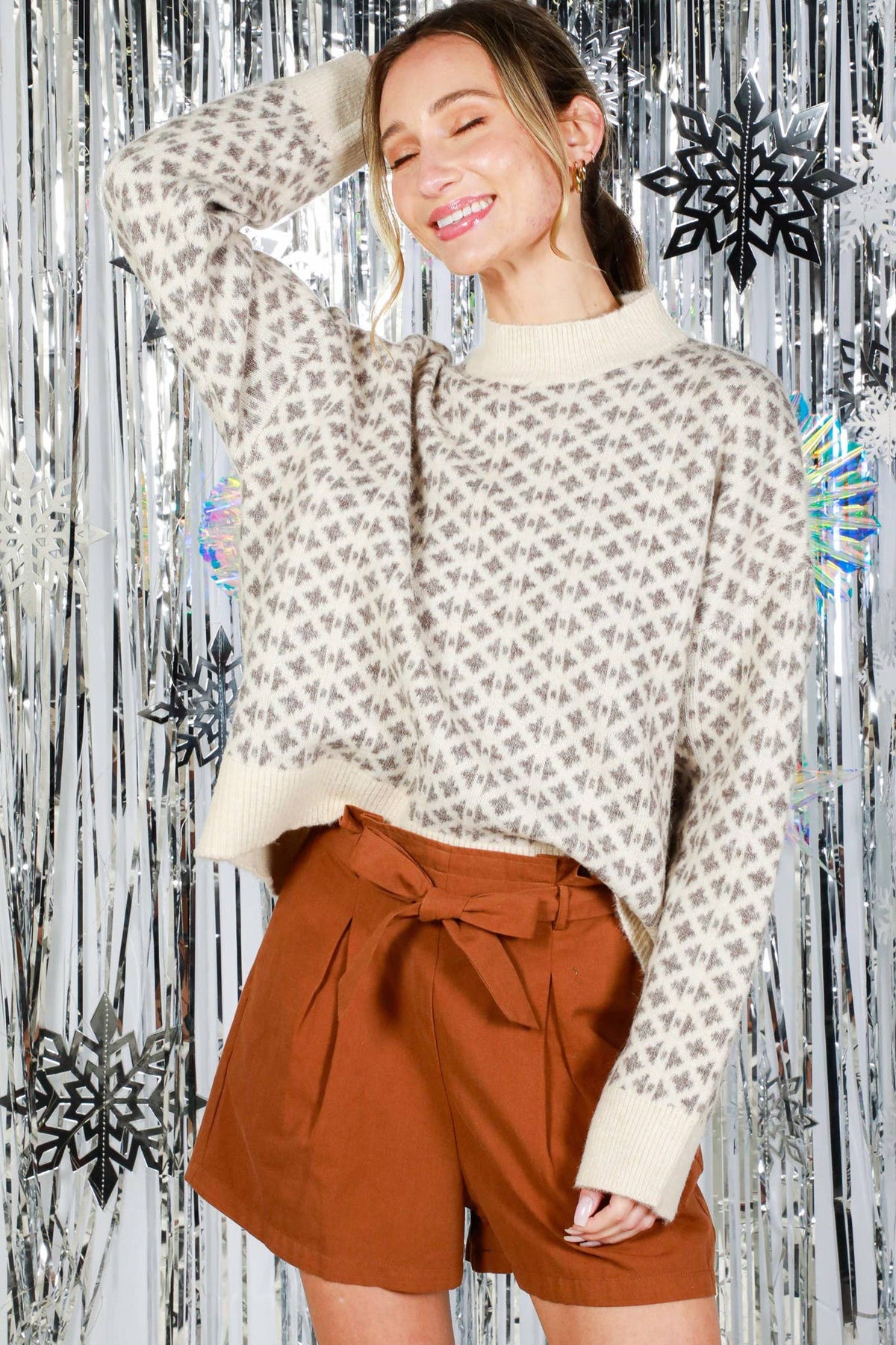 Geometric Pattern Mock Neck Knitted Sweater Top VT81923
