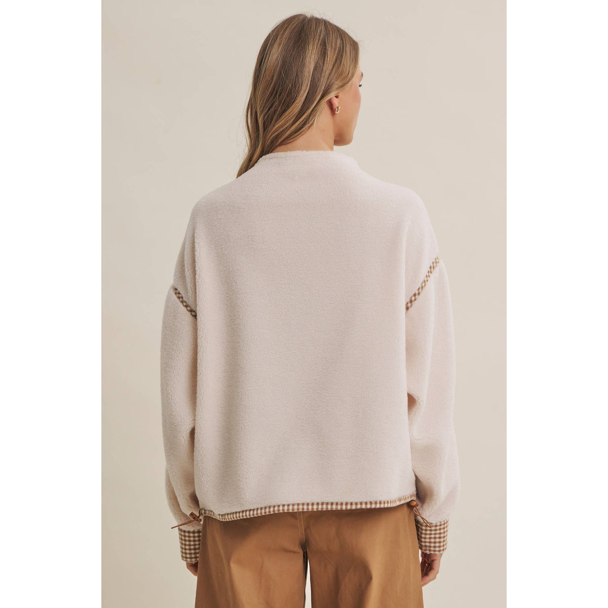 COZY CABIN GINGHAM TRIM SHERPA FLEECE HALF-ZIP PULLOVER