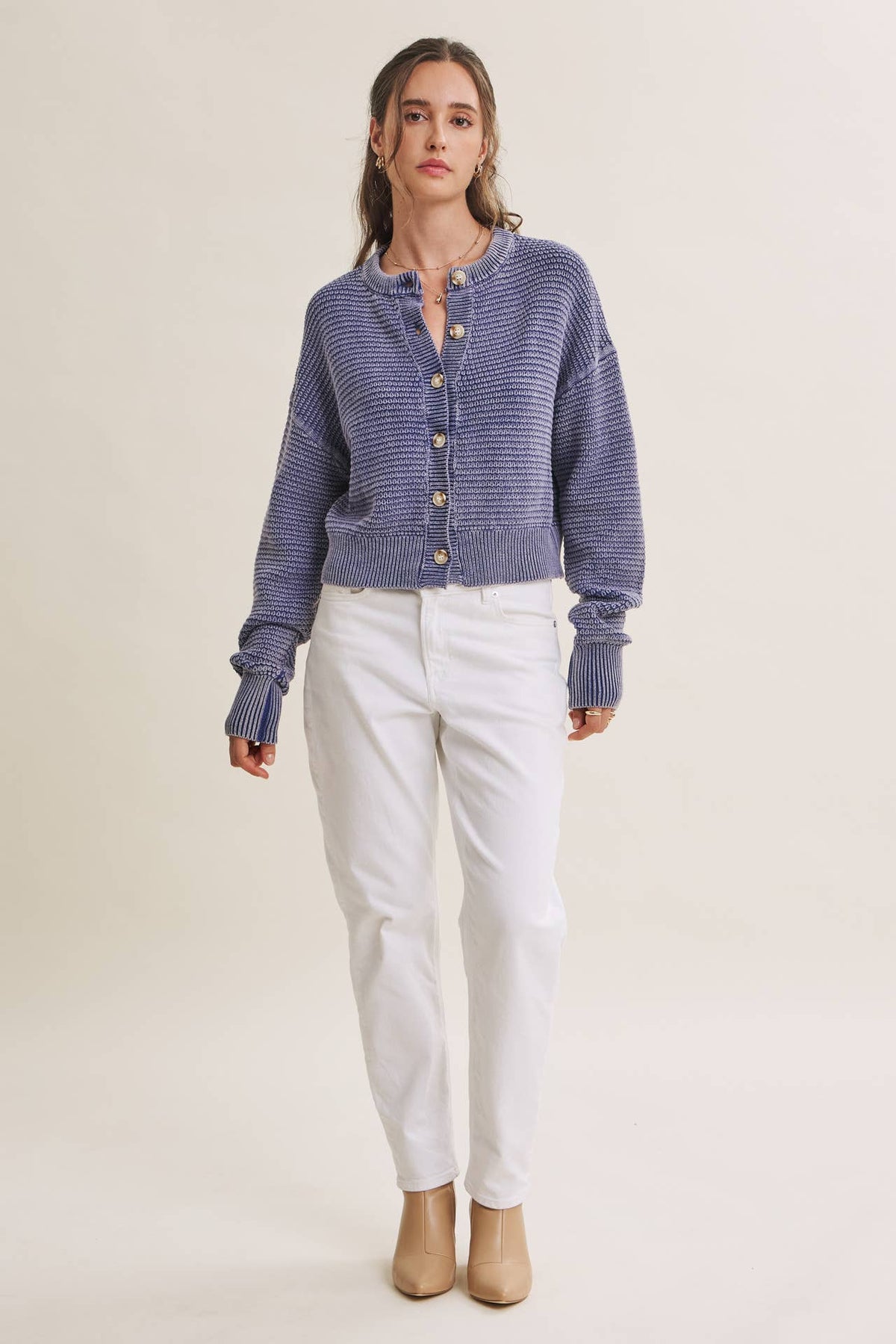 SEASONLESS MINERAL-WASHED COTTON WAFFLE BUTTON-DOWN CARDIGAN