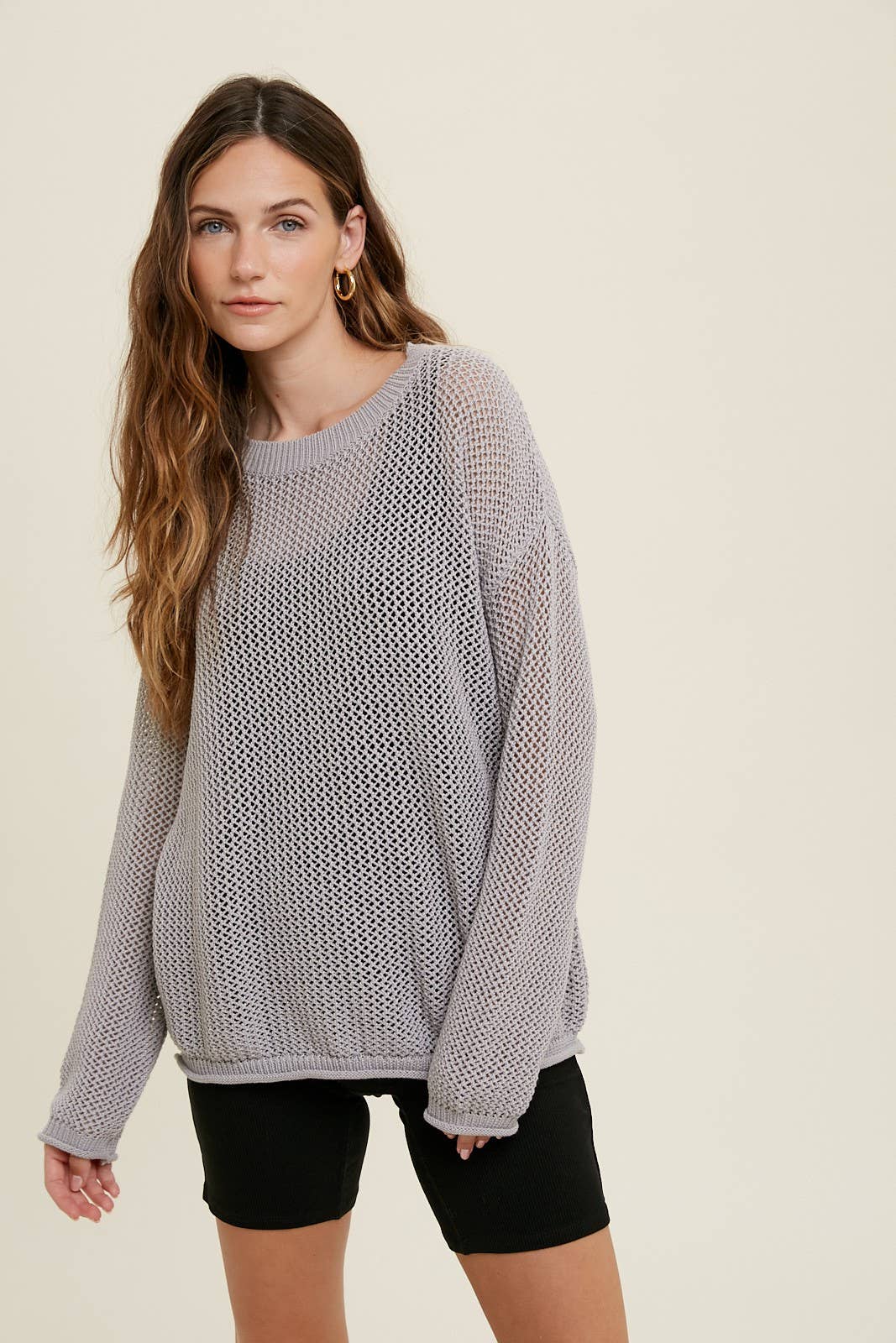 CROCHET LIGHTWEIGHT SWEATER WITH RAW EDGE DETAIL / WL22-7092