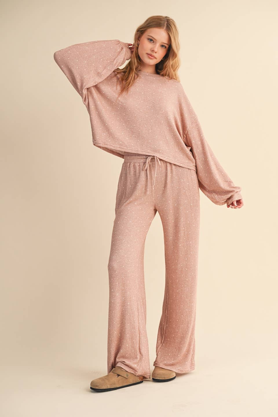 Polka Dot Print Hacci Long Sleeve Crewneck Top
