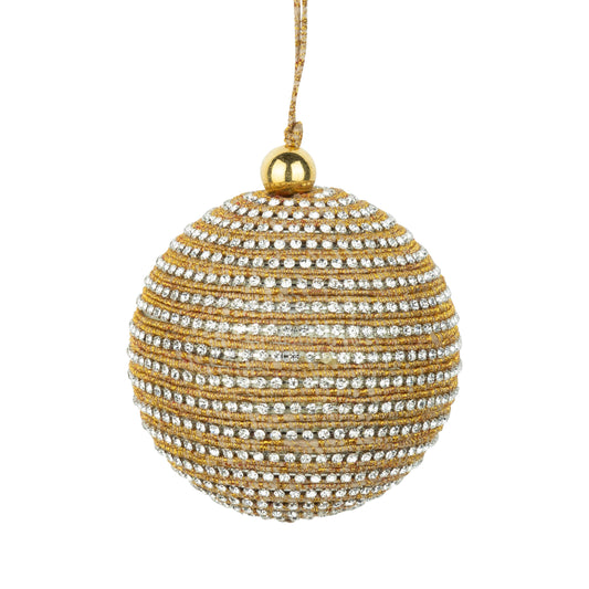 A80583: Gold cord,clear glass jewels on metal ball orn,3in