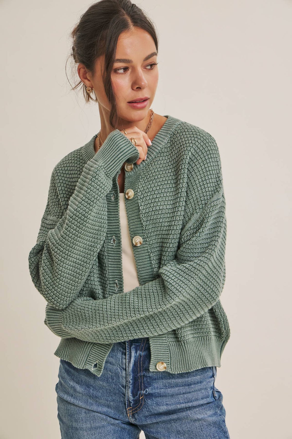 SEASONLESS MINERAL-WASHED COTTON WAFFLE BUTTON-DOWN CARDIGAN