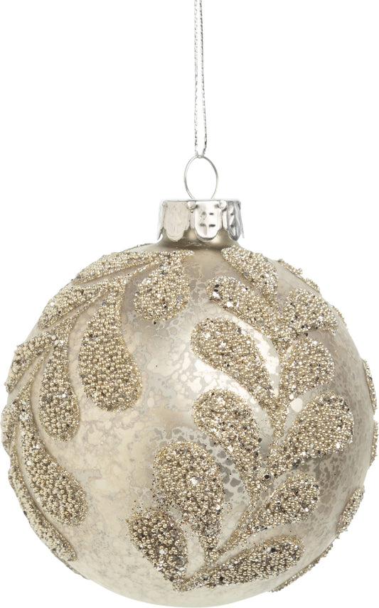 A14254: Glass ball orn,matte ant slv,bead branch ptrn,3in