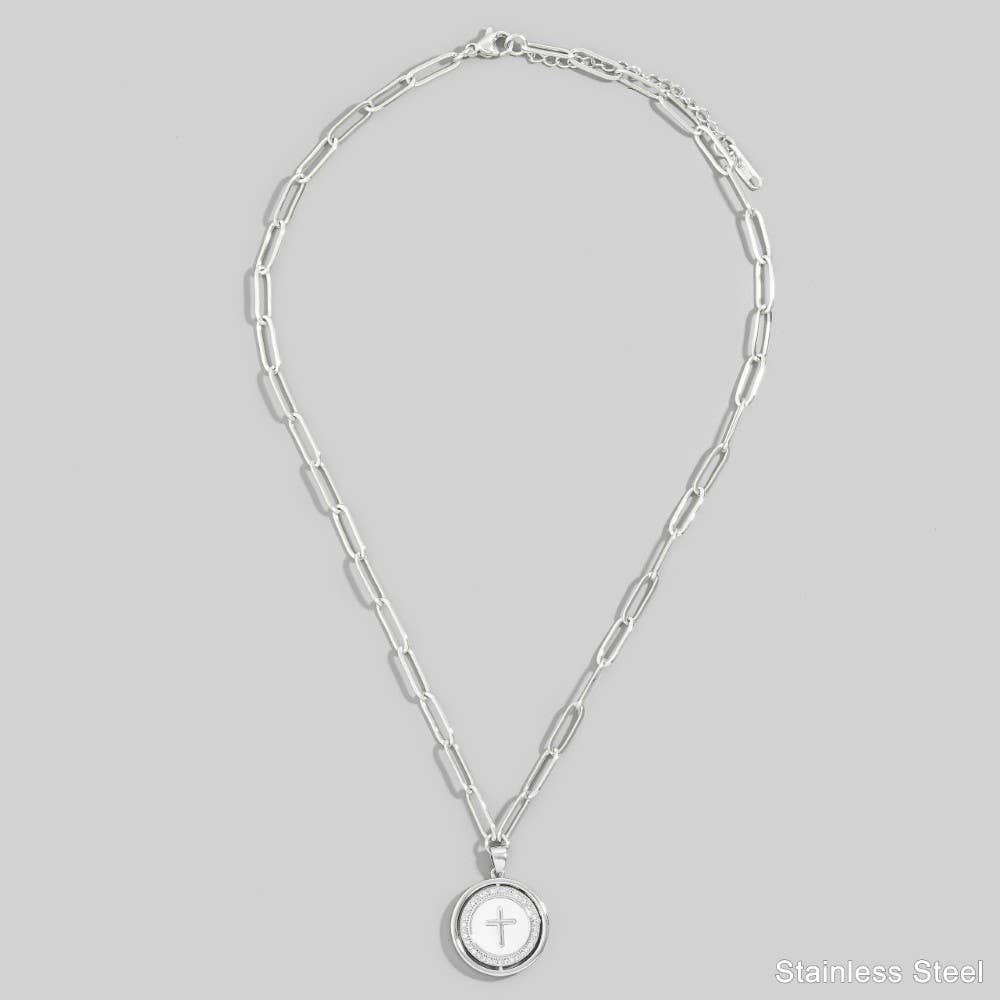 Stainless Steel Cross Disc Pendant Necklace