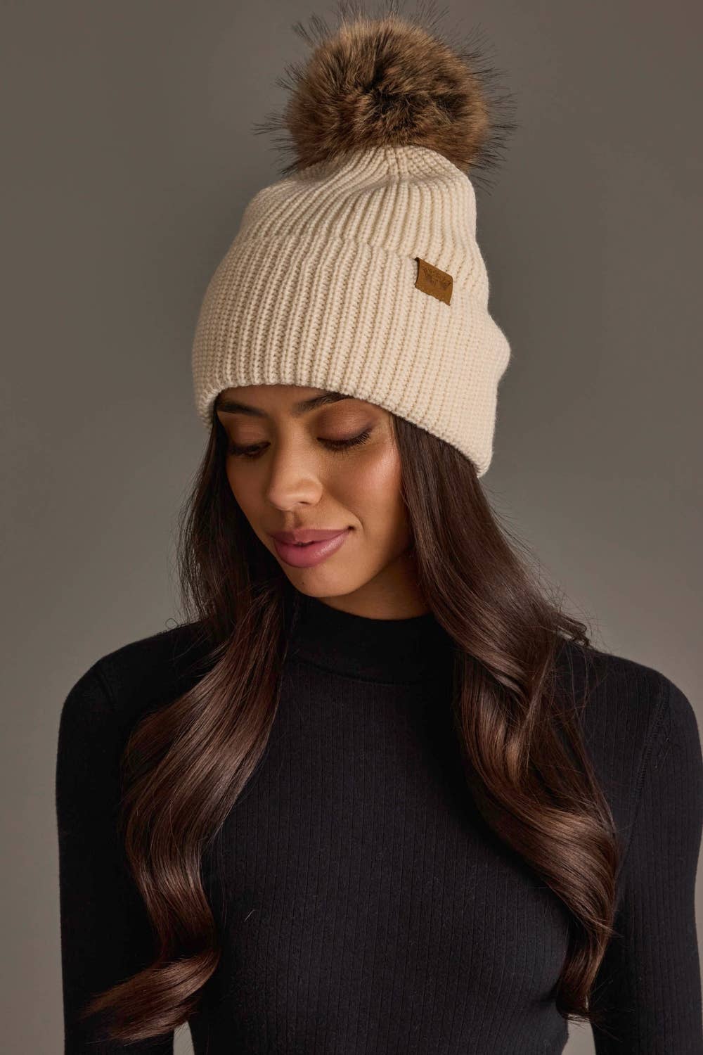 Beige Knit Pom Hat
