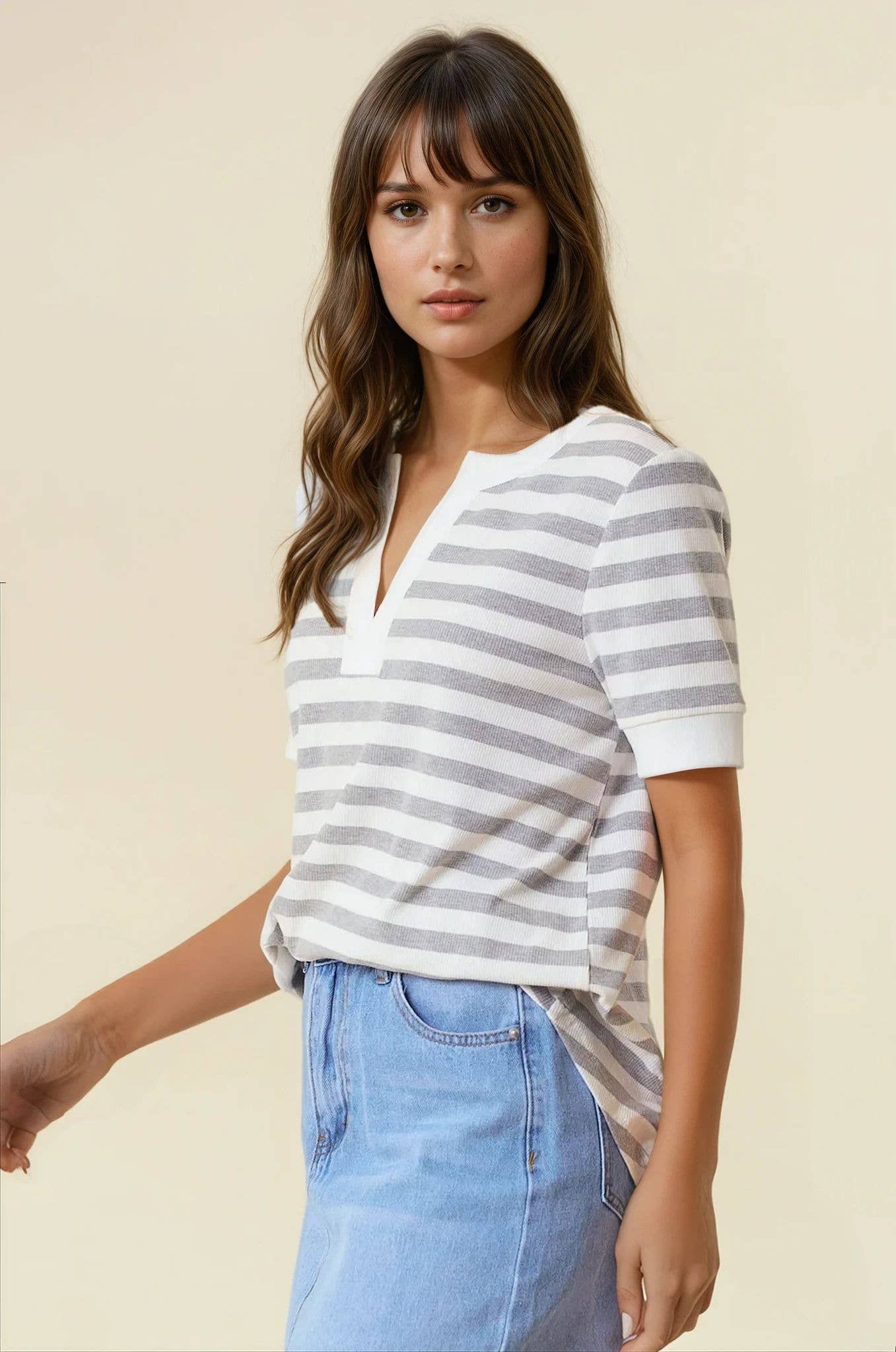 Grey Striped Vneck Top