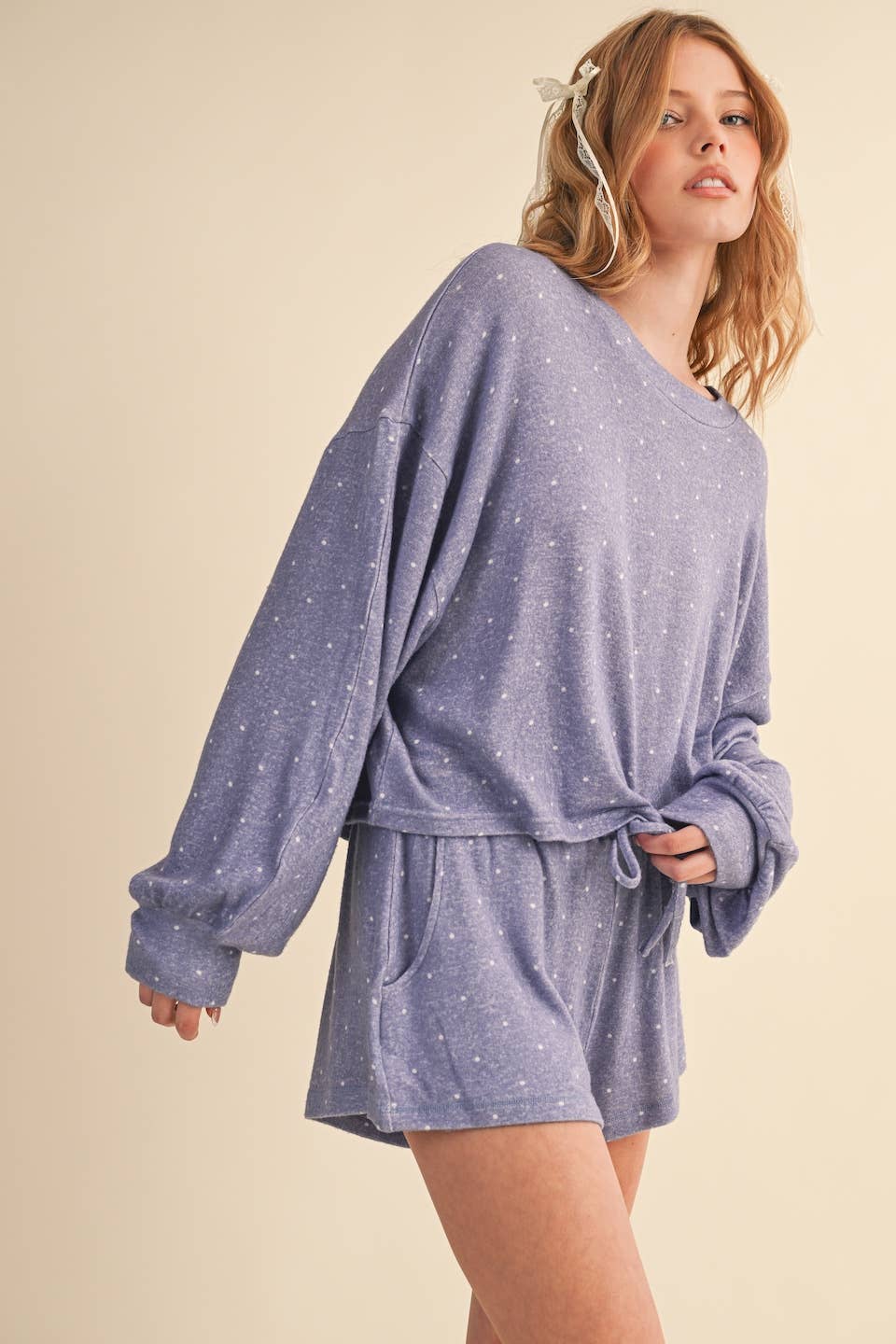Polka Dot Print Hacci Long Sleeve Crewneck Top