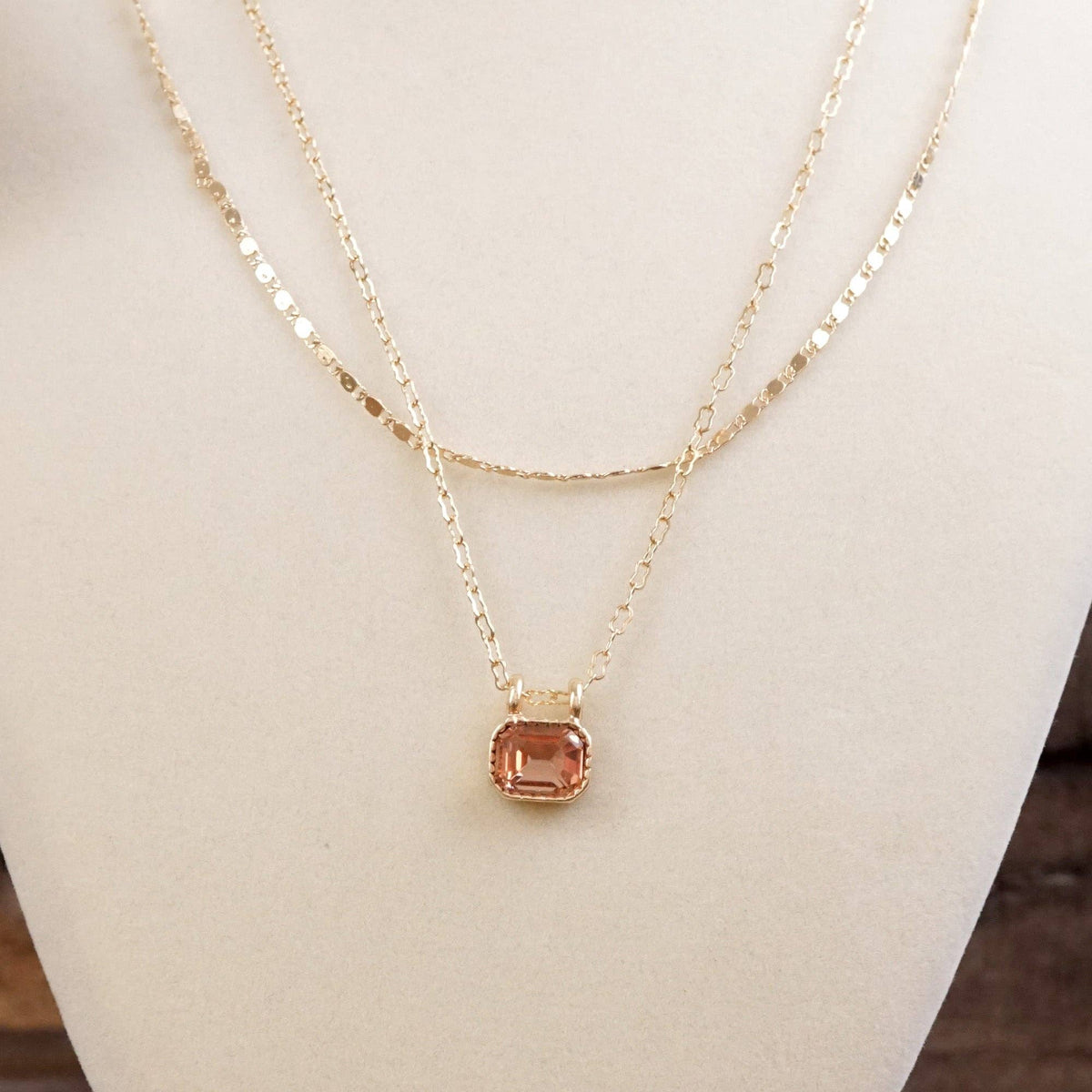 Glimmered Layers – Double Chain Necklace with Emerald-Cut Crystal