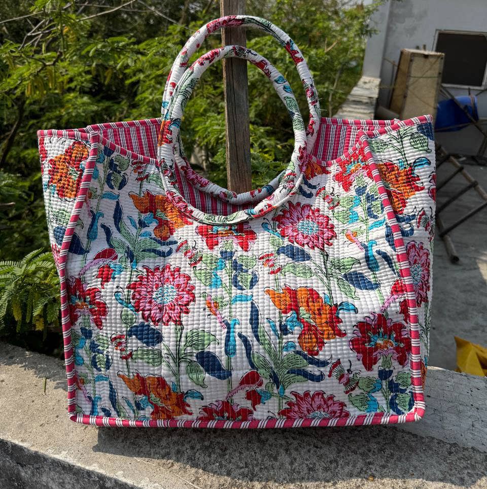 White Cotton Bag Floral Printed Market Bag Quilted Tote Bags